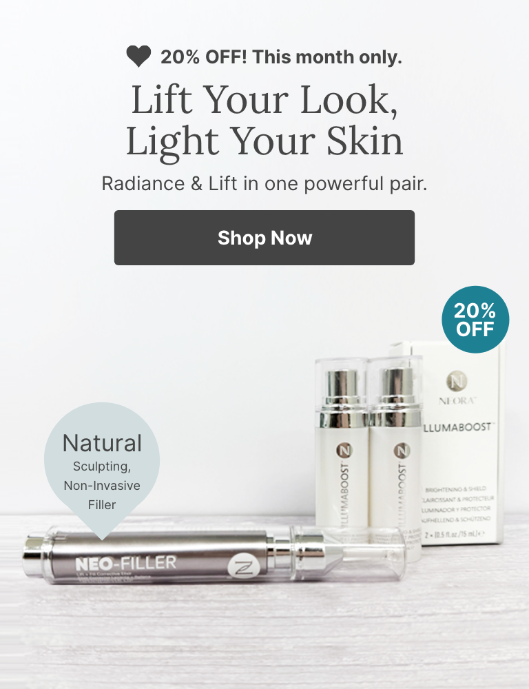 A promotional banner for a combo of Neora’s Neo-FILLER and Neora Illumaboost. Featured is text reading ”20% OFF this month only.” and a “Shop Now” button underneath it.
